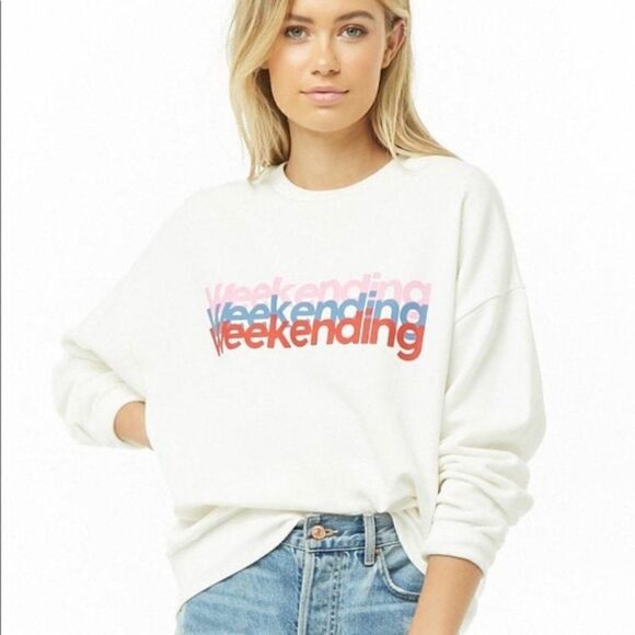 Forever 21 'Weekending' Graphic White Sweatshirt Size M - Picture 1 of 6